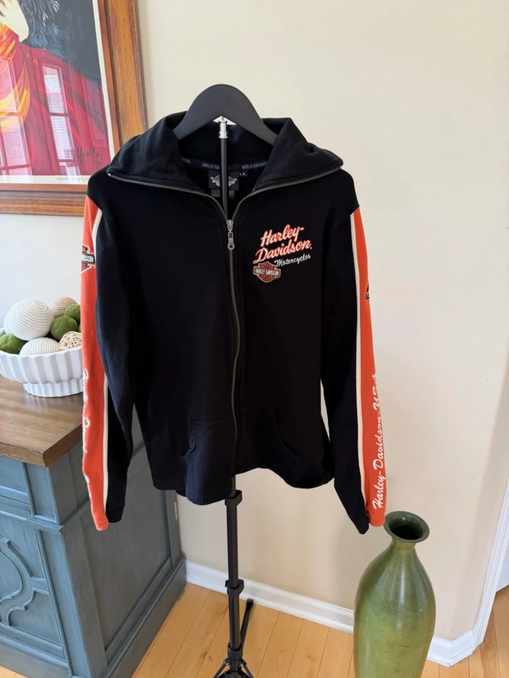 Harley Davidson Zip Hoodie XL Black Orange Biker Graphic Jacket - Picture 1 of 8